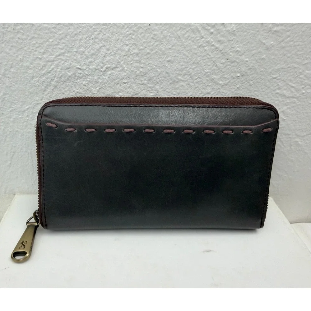 HOBO International Leather Zip Around Wallet Gray Whipstitch Organizer